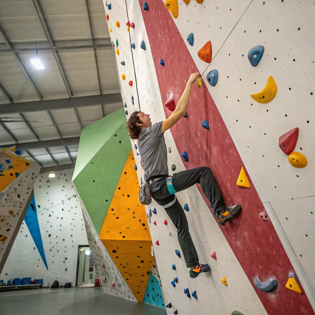 A climber scaling a colorful indoor climbing wall.